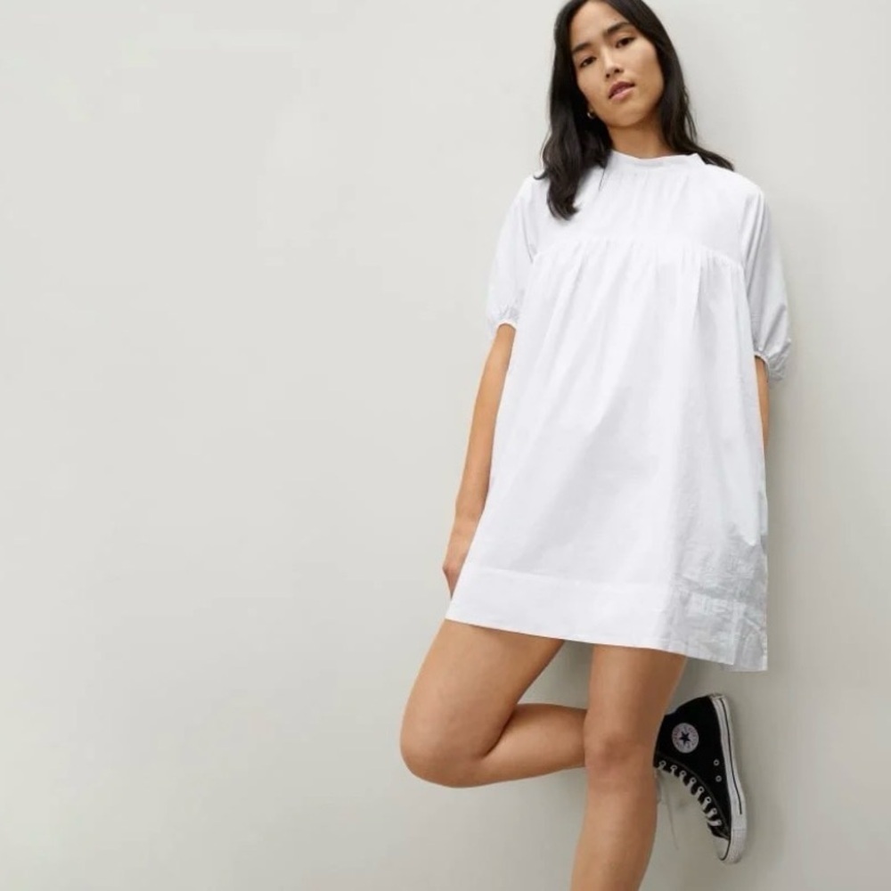 Everlane Shirred Mini Dress Women Large White Poplin Resort Minimalist Classic - Picture 2 of 10